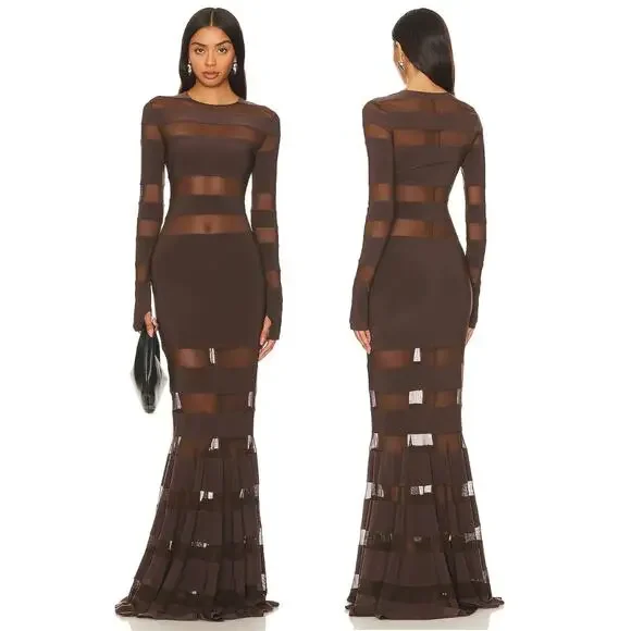celandine metallic-knit drop-waist maxi dress Off Shoulder Long Sleeve Metallic Knit Maxi Dress In Chocolate